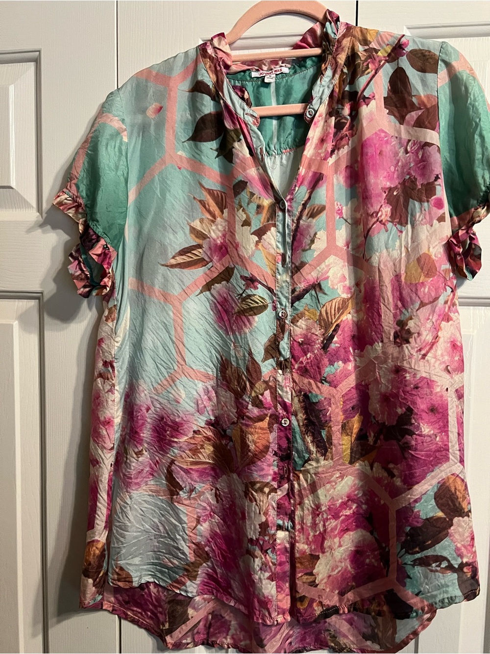 Johnny Was Silk Med Mint and Pink Floral Button-Front Blouse